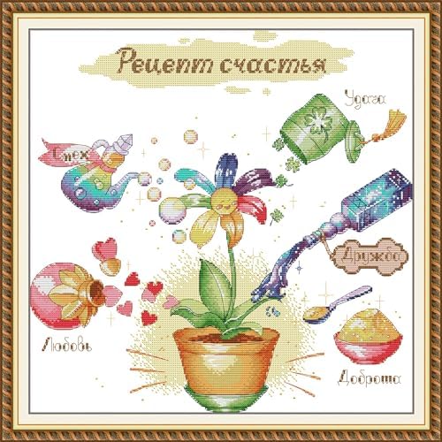 Howie's Needlepoint Cross Stitch Kits, 14CT Pre-Printed Pattern Needlepoint Kits, Full Range of Stamped Starter Kits(Recipe for Happiness,17.32 x 17.6 inch) by HowiesNeedlepoint