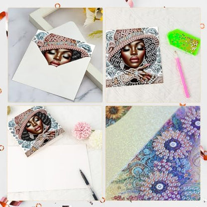 6 Pcs 5D Rhinestone Painting Greeting Cards Kits, Handmade Festival Greeting Cards with Envelopes Laser Effect DIY Diamond Art Crafts Birthday Cards for Birthdays Celebrations (Elegant African) - Image 6