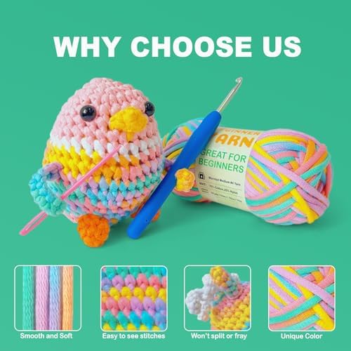 Easy Yarn for Beginner - Crocheting and Knitting Yarn |3 * 1.76oz/60yds; Easy-to-See Stitches; Worsted-Weight Medium #4; Cotton Blend; Amigurumi Crochet Kit(Petal+Blue+Merry Pink) - Image 3