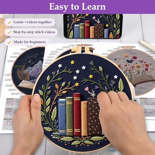 Uniartfy 3 Pack Embroidery Starter Kit, Stamped Book Flower Mountain Butterfly Cross Stitch Kits for Beginners, Needlepoint Kits Adults with Embroidery Hoop and Instructions, Hand Embroidery Kit - Image 3