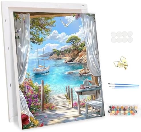 EOBROMD Framed Paint by Numbers Kits for Adults Seaview, DIY Landscape Acrylic Paint by Number on Stretched Canvas, Painting Kits Adults Oil Paint by Numbers for Home Decor 12x16inch by EOBROMD