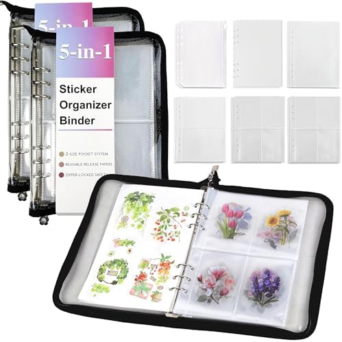 5-in-1 Sticker Organizer Book Reusable A5 Storage Binder with 220 Pockets,10 Release Papers, Zipper Album Sticker Collecting Display Keeper (Black, Pack of 2) by EASTVIO