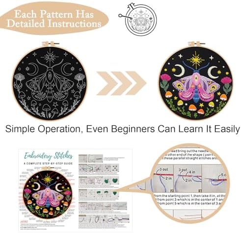 Nuberlic 3 Pack Embroidery Kit for Beginners, Moth and Bee Patterns - Image 4