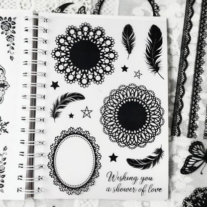 130 Pcs Vintage Black White Lace Scrapbook Stickers - Classic Butterfly Feather Heart Embellishments for DIY Journal Wedding Photo Album Craft Decor, Fade-Resistant Waterproof Reusable - Image 6