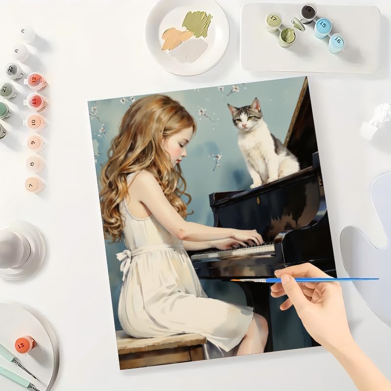 Musical Melody Paint by Numbers Kit for Adults - DIY Girl Playing Piano with Cat Painting on Canvas 12x16In, Framed Acrylic Paint Set, Suitable for Beginners, Art for Home Decoration or Gifts - Image 3