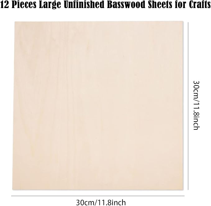 12 Pack Basswood Sheets for Crafts-12 x 12 x 1/8 Inch- 3mm Thick Plywood Sheets with Smooth Surfaces-Unfinished Squares Wood Boards for Laser Cutting, Wood Burning, Architectural Models, Staining
