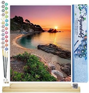 Figured'Art Paint by Numbers Kit for Adults Quiet Beach at Dusk 16"x20" - Craft Art Painting Rolled Canvas with DIY Wooden Frame by FiguredArt