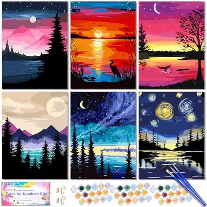 TINY FUN 6PC Paint by Number Kit for Adults DIY Oil Painting Kit 12x16 Inch Unframed Canvas, Nature Landscape Art Beginner Friendly Craft Kits for Home Decor Gift by TINYFUN-PremiumDiamondPaintingKits