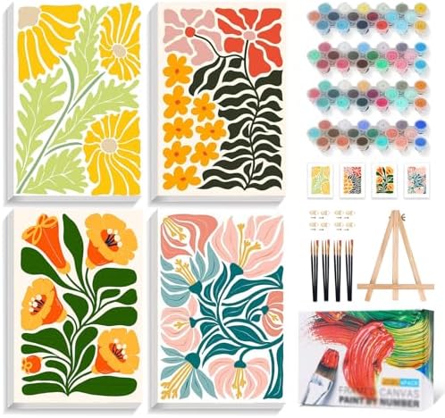 4 Pack Framed Paint by Numbers Kit for Adults with Wooden Easel, Flowers by Yezavesu