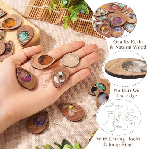 Boutigem 56Pcs Teardrop Resin Wooden Earring Pendants Kit with Vintage Drop Wood Charms Ornament Earring Hooks Jump Rings for DIY Necklace Choker Jewelry Making - Image 3