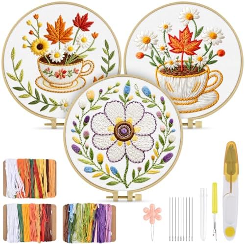 TINDTOP Embroidery Kit for Adult, 3 Pack Embroidery DIY Starter Kit, with Stamped Patterns, Hoop, Tools, Colorful Threads with Needles, Instructions (Flower Cup) by TINDTOP