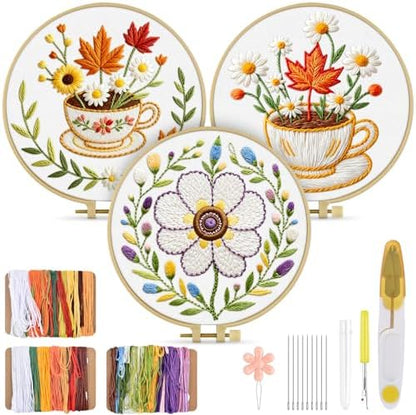 TINDTOP Embroidery Kit for Adult, 3 Pack Embroidery DIY Starter Kit, with Stamped Patterns, Hoop, Tools, Colorful Threads with Needles, Instructions (Flower Cup) by TINDTOP