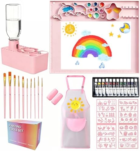 Painting Set with Paint Brush Cleaner, Silicone Painting Mat, 10 Brushes, 16 Stencils, 12 Watercolor Paints, Waterproof Apron, Gift for Beginner Artists by WZWXXQ