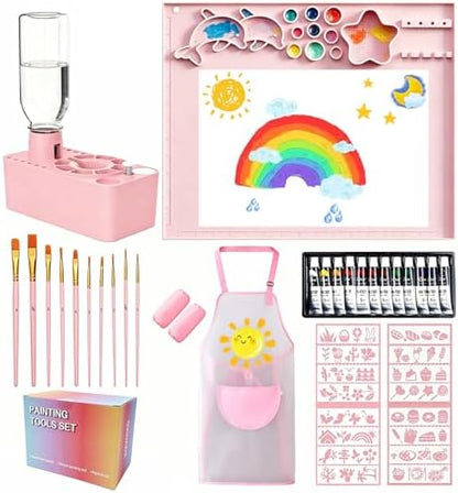 Painting Set with Paint Brush Cleaner, Silicone Painting Mat, 10 Brushes, 16 Stencils, 12 Watercolor Paints, Waterproof Apron, Gift for Beginner Artists by WZWXXQ