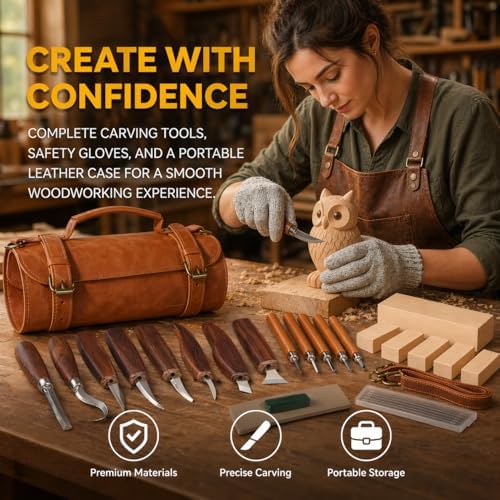 Deluxe Wood Carving Kit, 26Pcs Whittling Tools with 6 Basswood Blocks & Leather Case, High-Carbon Steel Knives, Safety Gloves, Woodworking Set for Beginners Adults DIY Craft Gifts - Image 3