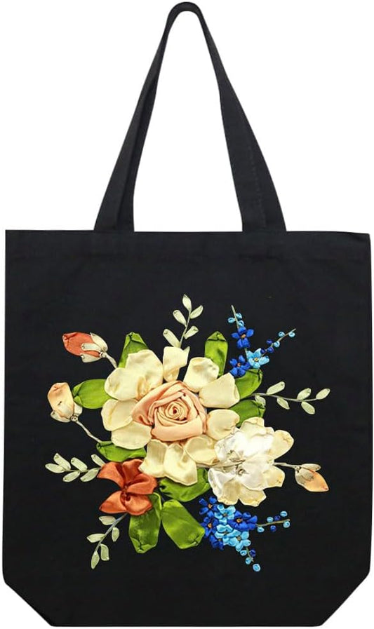 Canvas Tote Bag Silk Ribbon Embroidery Kit for Beginners, Arts DIY Crafts Starter kit, Include Stamped Bag Threads Hoop
