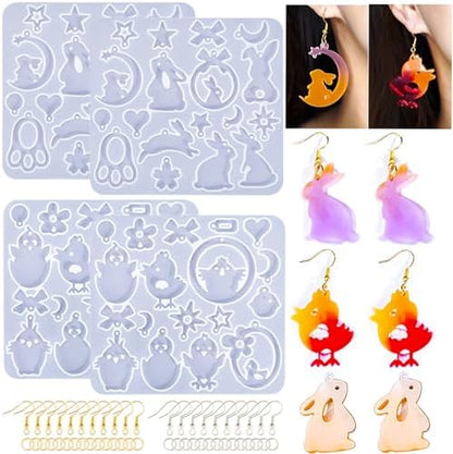 15 Pairs Easter Resin Molds for Earrings, Easter Bunny Earring Molds Silicone Egg Resin Epoxy Casting Ornament Silicone Molds with 200pcs Earring Hook for Keychain Jewelry Pendant DIY Craft Supplies by JHYlilia