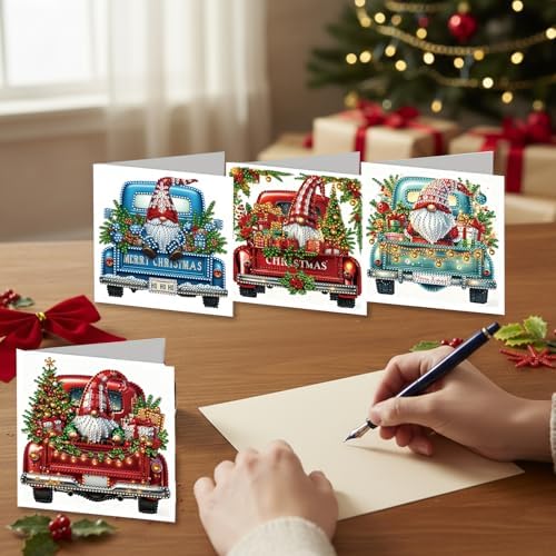 jinglinhh 6pcs Diamond Art Painting Christmas Truck Gnome Greeting Cards with Envelopes, DIY Card Making Kits for Adults, Diamond Art Christmas Cards for Birthday Holiday Postcards - Image 6
