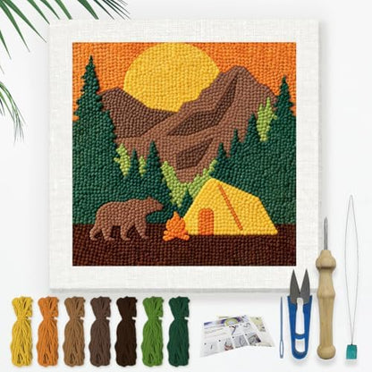 DOODLREAM Camping Bear Needle Kit for Beginner, 9.4"x 9.4" Mountain Tent Punch Stitching Craft Set, DIY Embroidery Starter with Printed Frame, Instruction, Threader, Yarn, Pinch Needle by Doodlream