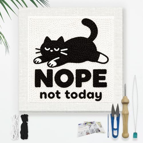 Doodlream Lazy Black Cat Needle Kit for Beginner, 9.4"x 9.4" “Nope Not Today” Punch Stitching Craft Set, DIY Embroidery Starter with Printed Frame, Instruction, Threader, Yarn, Pinch Needle by Doodlream