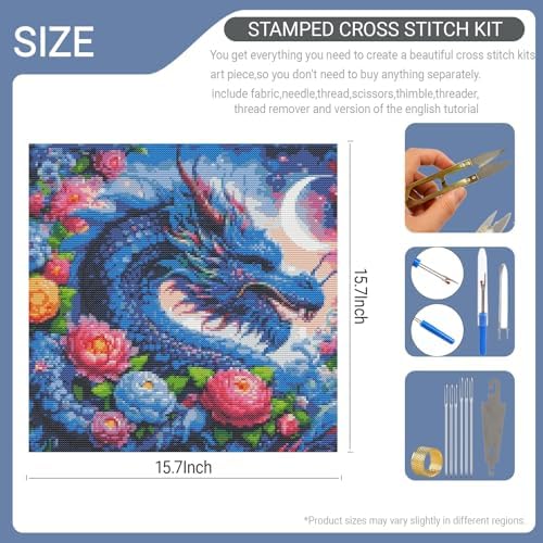 HKLIOPU Stamped Cross Stitch Kits - Dragon Embroidery Starter Kit for Adult Beginners, 11CT Needlepoint Cross-Stitch Patterns Dimensions Kit Arts and Crafts 16X 16 inch - Image 2