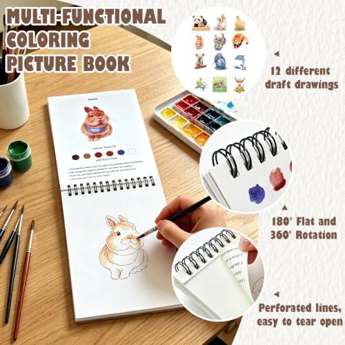 Watercolor Workbook, Water Coloring Book with 13 Pages, Animal Theme Painting Practice Book with Pre-Drawn Outline Pages, Animal Coloring Book for Adults, Beginners & Art Lovers - Image 4