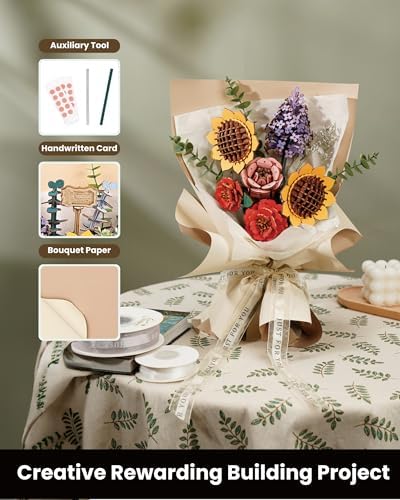 3D Wooden Puzzles Flower Bouquet Model Kit Building Set for Adults, Wooden Flower Building Toy Botanical Collection, Creative Gift Idea Home Decor(Sunflower/Red Camellia/Pink Rose/Lilac) - Image 4