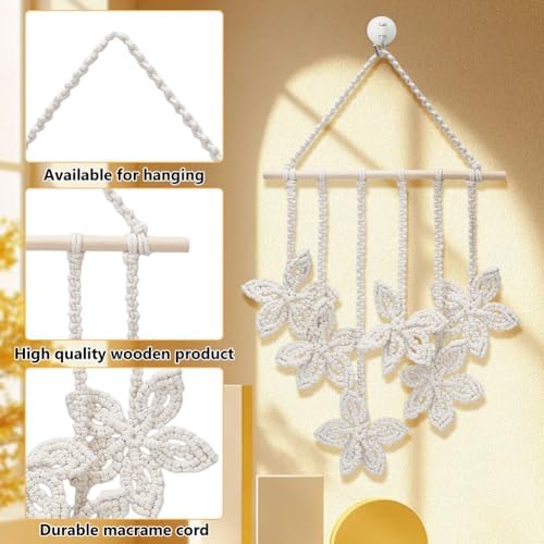 PLIGREAT DIY Flower Wall Hanging Macrame Kit Beige Handmade Woven Tapestry Macrame Knotting Ornament Kit for Nursery Bedroom Living Room Apartment Room Hanging Decor Macrame Wall Art Kit for Beginner - Image 5