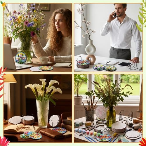 Reallnaive 16 Pcs Flower Paint by Numbers Kit for Adults Wood Floral Coaster - Image 5