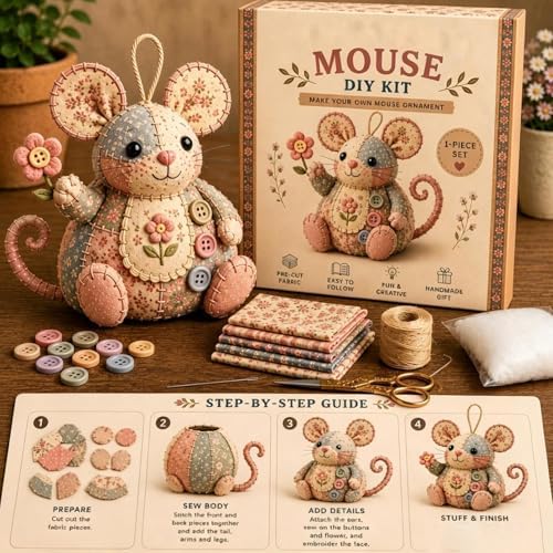 Embroidery Animal Kit with Buttons Fabric Mouse Home Decor - Image 4