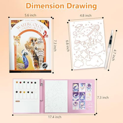 2-Pack Watercolor Painting Books for Adults & Beginners - All-in-One Creative Stress Relief Art Kit with 3-Fold Pad, 32 Pre-Printed Pages, 24 Colors & 2 Brushes (Animal + Starry Fairyland) - Image 3