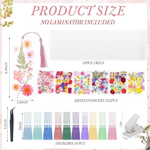 kmfosaat 344 Pcs Pressed Flower Bookmark Making Kit, 50 Laminating Pouches with 242 Dried Flowers, 50 Tassels, Tweezer and Punch, Party DIY Crafts Bookmark for Book Lovers - Image 2