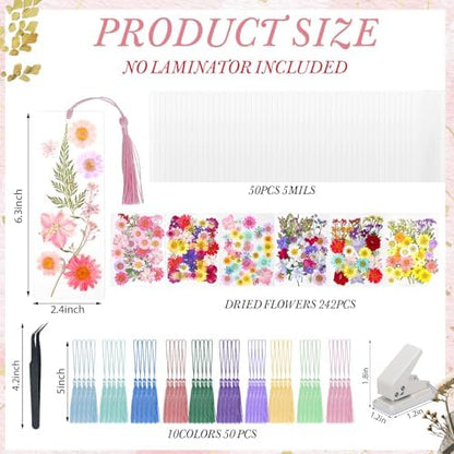 kmfosaat 344 Pcs Pressed Flower Bookmark Making Kit, 50 Laminating Pouches with 242 Dried Flowers, 50 Tassels, Tweezer and Punch, Party DIY Crafts Bookmark for Book Lovers - Image 2