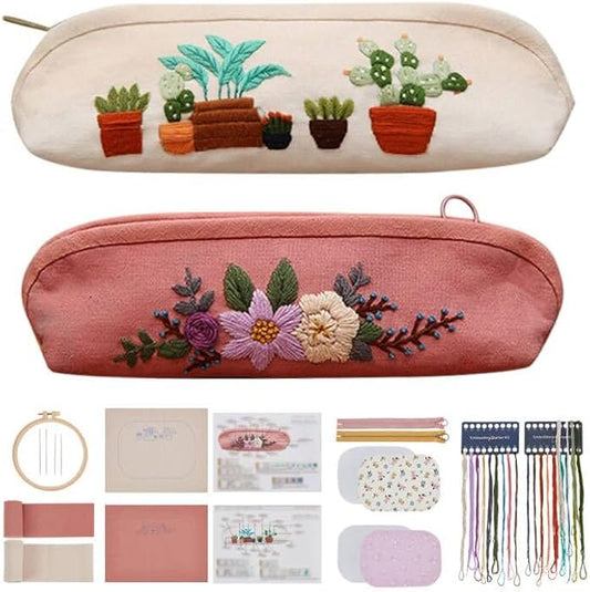 WEBEEDY 2 Sets DIY Embroidery Kit Canvas Zipper Pouch Handmade Embroidery Canvas Pencil Case Cosmetic Bags DIY Embroidered Clutch Starter Kit with All Supplies Tools Embroidery Hoops