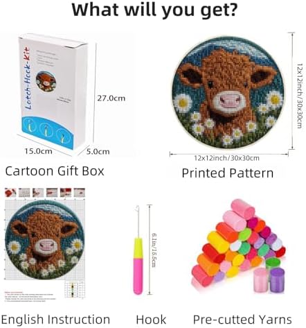 Latch Hook Rug Kit Cute Highland Cow with Daisy Flower Easy for Beginners Round Shape Carpet Crochet Yarn Craft Mini Rug DIY Hook and Latch Little Tapestry for Home Decor 30x30cm-1 - Image 2