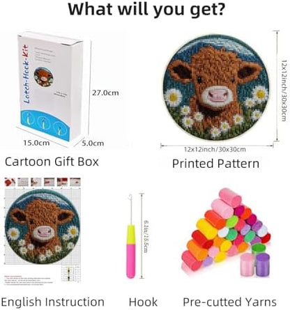 Latch Hook Rug Kit Cute Highland Cow with Daisy Flower Easy for Beginners Round Shape Carpet Crochet Yarn Craft Mini Rug DIY Hook and Latch Little Tapestry for Home Decor 30x30cm-1 - Image 2
