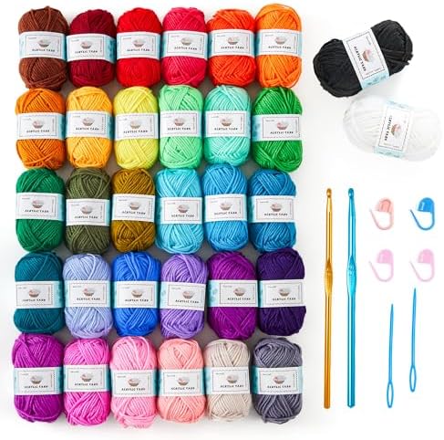 Inscraft Crochet Yarn Kit for Beginners, 1440 Yards 32 Colors Acrylic Yarn Skeins, 2 Crochet Hooks, 2 Weaving Needles, 4 Stitch Markers, 1 Bag, for Crocheting & Knitting, Gift for Adults by INSCRAFT