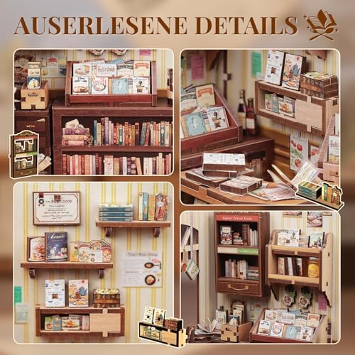 Cutefun Book Nook Kit - DIY Miniature Dollhouse Kit 3D Creative Decorative Bookend 3D Wooden Puzzle for Adults, Bookshelf Insert Library Decor with LED Light (Cooking Bookstore) - Image 6
