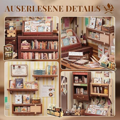 Cutefun Book Nook Kit - DIY Miniature Dollhouse Kit 3D Creative Decorative Bookend 3D Wooden Puzzle for Adults, Bookshelf Insert Library Decor with LED Light (Cooking Bookstore) - Image 6