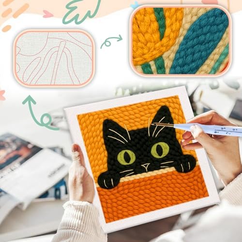 SDOYUNO Punch Needle Kit with Frame for Adults Beginners Kits 9.84 x 9.84 Inch Embroidery Starter Kits Punch Needle Kit with Black Cat Pattern, Threader, Yarns, Rug Punch, DIY Craft Kits (Black) - Image 4