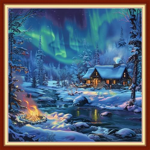 Joyhoor Cross Stitch Kits for Beginners Stamped Cross-Stitch Supplies Needlework preprint Embroidery Kits for Adults DIY Needlepoint Kits Embroidery Patterns 11CT-Winter Snow Scenery 18x18 inchs by JoyhoorCrossStitchKits