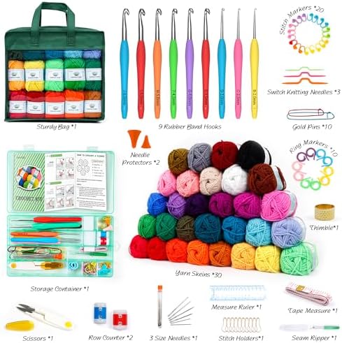 INSCRAFT Crochet Yarn Kit for Beginners Adults and Kids, Includes 1650 Yards 30 Colors Acrylic Skeins, User Manual, Hooks, Dark Grass Bag etc, Make Amigurumi & Projects, Starter Set for Professionals - Image 2