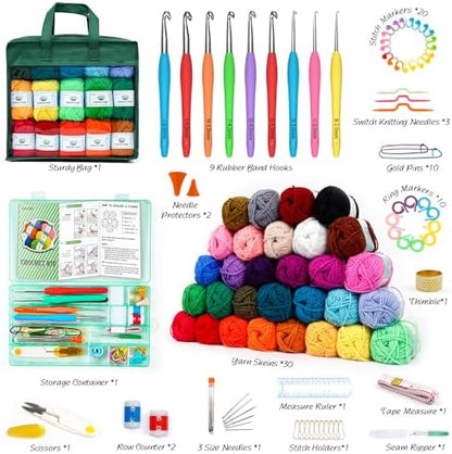 INSCRAFT Crochet Yarn Kit for Beginners Adults and Kids, Includes 1650 Yards 30 Colors Acrylic Skeins, User Manual, Hooks, Dark Grass Bag etc, Make Amigurumi & Projects, Starter Set for Professionals - Image 2