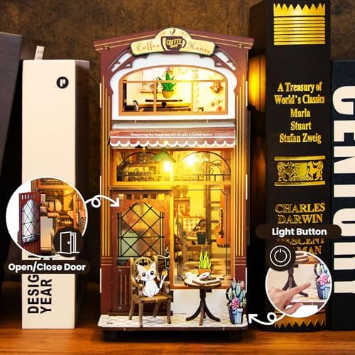 DIY Book Nook Kit Coffee Shop 3D Puzzle Wooden Dollhouse with LED Lights - Image 5