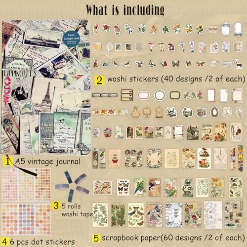 SaFeHoM 212 Pcs DIY Vintage Journal Set for Women Gifts Scrapbook Diary Supplies including Aesthetic Journals, Scrapbook Paper, Washi Stickers, Tape, Dot Stickers - Image 2