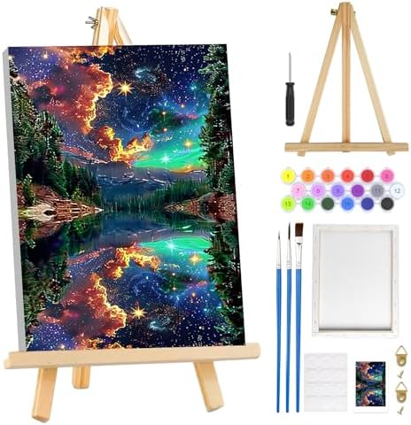 MOGTAA Starry Sky Paint by Numbers Kit for Adults Beginners with Frame, Lake and Mountains Adult Paint by Number Kits on Canvas with Easel, Easy DIY Oil Painting Kits for Home Decor, 8x12in by MOGTAADIYHomeDecor