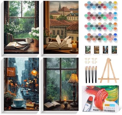 4 Pack Framed Paint by Numbers Kit for Adults Window View, Wooden Easel by Yezavesu