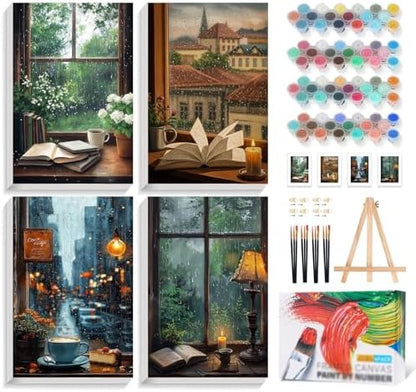 4 Pack Framed Paint by Numbers Kit for Adults Window View, Wooden Easel by Yezavesu