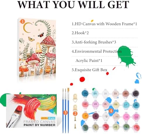 Fountor Framed Paint by Numbers Kit for Adults Beginner & Kids Ages 8-12, Moon Mushroom Forest Paint by Number with Frame, Easy Acrylic Butterfly Painting by Numbers Kit on Canvas 8x12 inch - Image 5