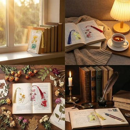 Tallew 81 Pcs DIY Dried Flower Bookmark Making Kit Include 40 Clear Transparent Bookmarks, 40 Colorful Tassels and Puncher, Handmade Craft Supplies for Women Girls Readers(Dreamy Style) - Image 5